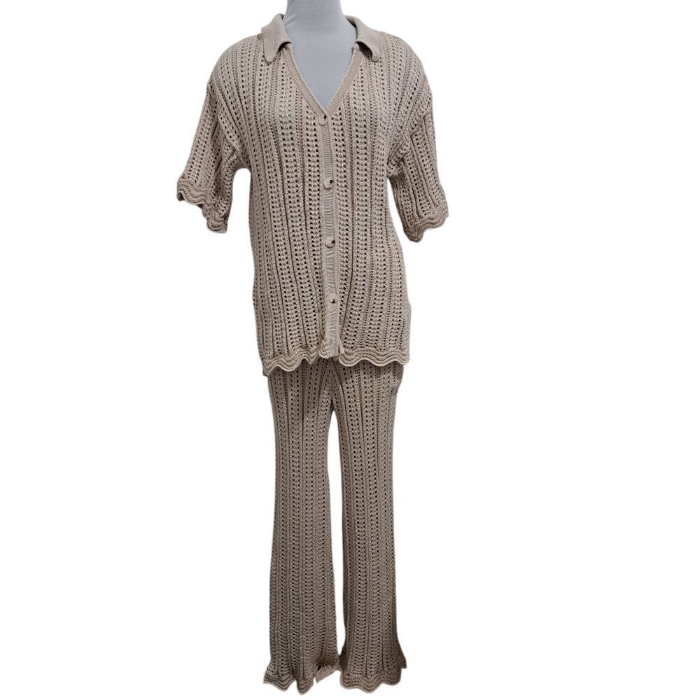 Solitaire 2 Piece Set Crochet Boho Knit Top/Pants Cover Up Large Oatmeal NWT